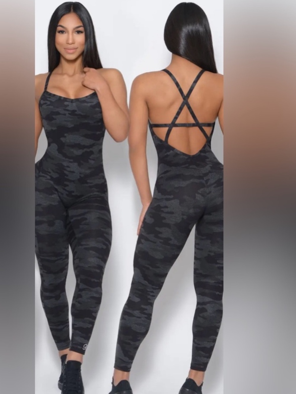 Bombshell Sportswear Black Gray Camo Sculpt Bodysuit